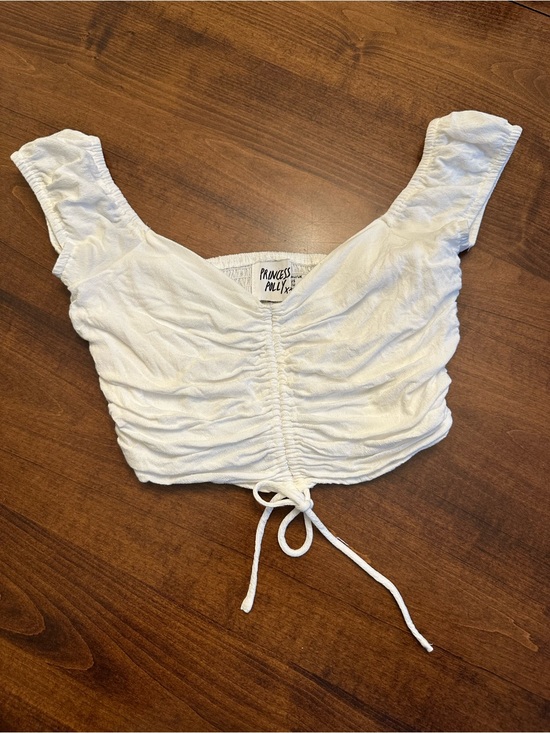 Princess Polly Tops - Princess Polly White Ruched Drawstring Crop Top with Cap Sleeves